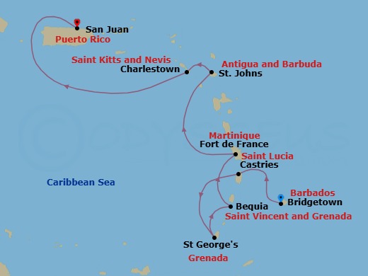 8 Night - Bridgetown to San Juan - Silver Ray - Starting in Bridgetown, Castries, St Lucia, St Georges, Bequia, Fort-de-France, St Johns, Charlestown, Nevis, San Juan itinerary map