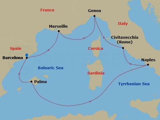 7 Night - Western Mediterranean from Barcelona - Costa Toscana - Starting in Barcelona, Spain, Balearic sea darkest spot, Palma De Mallorca, Spain, Naples, Italy, Civitavecchia / Rome, Genoa / Portofino, Marseilles, France, Barcelona, Spain itinerary map