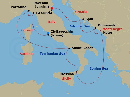 10 Night - Best of Italy & Croatia Cruise - Celebrity Constellation - Starting in Rome (Civitavecchia), Italy, Florence / Pisa (La Spezia), Italy, Portofino, Italy, Amalfi Coast (Salerno), Italy, Sicily (Messina), Italy, Kotor, Montenegro, Dubrovnik, Croatia, Split, Croatia, Ravenna, Italy itinerary map