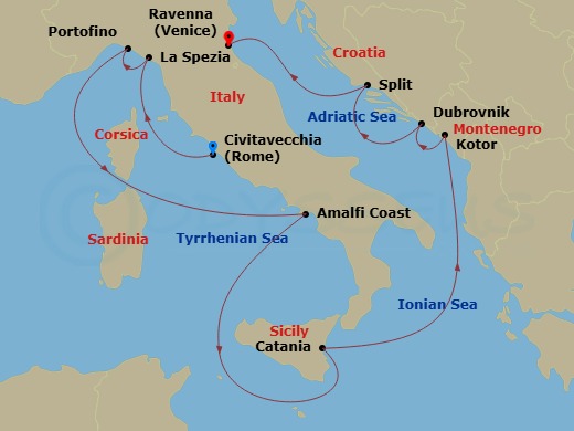 10 Night - Best of Italy & Croatia Cruise - Celebrity Constellation - Starting in Rome (Civitavecchia), Italy, Florence / Pisa (La Spezia), Italy, Portofino, Italy, Amalfi Coast (Salerno), Italy, Catania, Sicily, Italy, Kotor, Montenegro, Dubrovnik, Croatia, Split, Croatia, Ravenna, Italy itinerary map