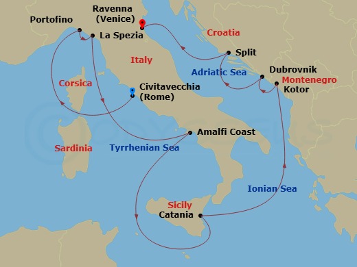 10 Night - Best of Italy & Croatia Cruise - Celebrity Constellation - Starting in Rome (Civitavecchia), Italy, Portofino, Italy, Florence / Pisa (La Spezia), Italy, Amalfi Coast (Salerno), Italy, Catania, Sicily, Italy, Kotor, Montenegro, Dubrovnik, Croatia, Split, Croatia, Ravenna, Italy itinerary map