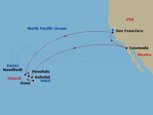 16 Night - Hawaiian Islands - Ruby Princess - Starting in San Francisco, California, Kauai (Nawiliwili), Hawaii, Honolulu, Hawaii, Kona, Hawaii, Kahului, Hawaii, Ensenada, Mexico, San Francisco, California itinerary map