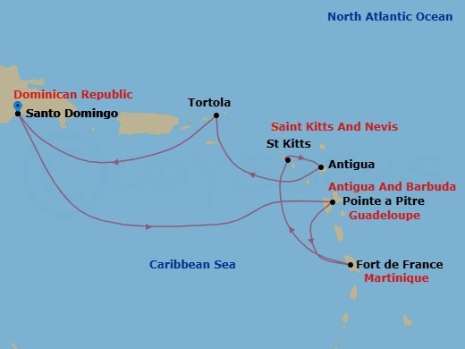 7 Night - Western Caribbean from Santo Domingo - Costa Favolosa - Starting in Santo Domingo, Dominican Republic, Guadeloupe (Antilles), Martinique (Antilles), St Kitts (Antilles), Antigua (Antilles), Antigua Bay, Road Harbour / Tortola, Santo Domingo, Dominican Republic itinerary map
