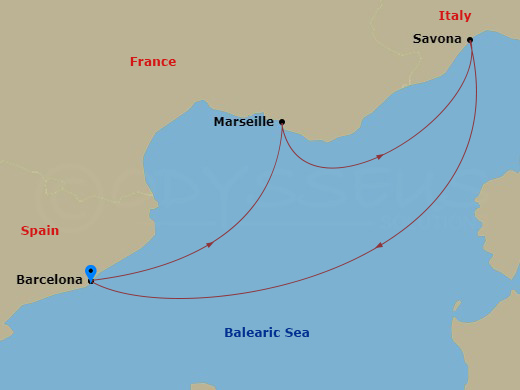 3 Night - Southern Europe Roundtrip from Barcelona - Costa Diadema - Starting in Barcelona, Spain, Marseilles, France, Savona, Italy, Barcelona, Spain itinerary map