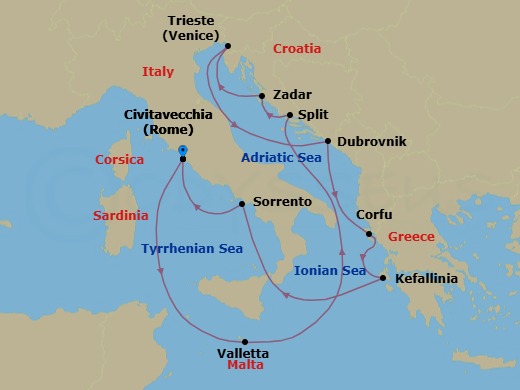 14 Night - Adriatic and Malta - Queen Elizabeth - Starting in Civitavecchia (tours to Rome), Italy, Valletta, Malta, Split, Croatia, Zadar, Croatia, Trieste, Italy, Dubrovnik, Croatia, Corfu, Greece, Cephalonia, Greece, Messina Strait, Italy (Transit), Sorrento (tours to Capri or Pompeii), Italy, Civitavecchia (tours to Rome), Italy itinerary map