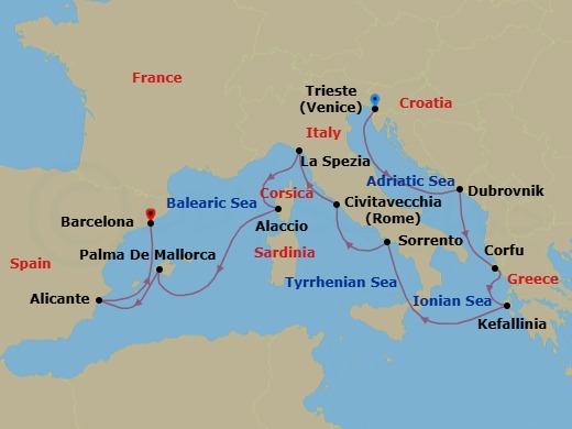 14 Night - Mediterranean, Croatia and Greece - Queen Elizabeth - Starting in Trieste, Italy, Dubrovnik, Croatia, Corfu, Greece, Cephalonia, Greece, Messina Strait, Italy (Transit), Sorrento (tours to Capri or Pompeii), Italy, Civitavecchia (tours to Rome), Italy, La Spezia (tours to Florence or Pisa), Italy, Ajaccio, Corsica, France, Palma De Mallorca, Spain, Alicante, Spain, Barcelona, Spain itinerary map