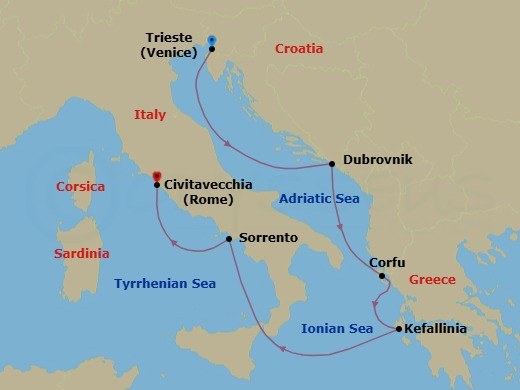 7 Night - Italy, Greece and Croatia - Queen Elizabeth - Starting in Trieste, Italy, Dubrovnik, Croatia, Corfu, Greece, Cephalonia, Greece, Messina Strait, Italy (Transit), Sorrento (tours to Capri or Pompeii), Italy, Civitavecchia (tours to Rome), Italy itinerary map