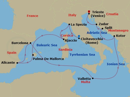 14 Night - Mediterranean and Adriatic - Queen Elizabeth - Starting in Civitavecchia (tours to Rome), Italy, La Spezia (tours to Florence or Pisa), Italy, Ajaccio, Corsica, France, Palma De Mallorca, Spain, Alicante, Spain, Barcelona, Spain, Valletta, Malta, Kotor, Montenegro, Split, Croatia, Zadar, Croatia, Trieste, Italy itinerary map