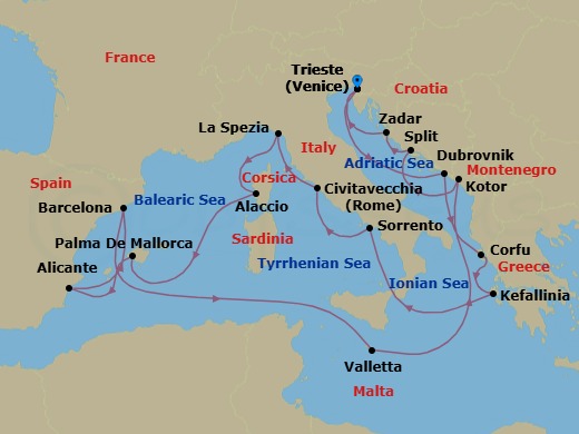 21 Night - Mediterranean, Adriatic and Greece - Queen Elizabeth - Starting in Trieste, Italy, Dubrovnik, Croatia, Corfu, Greece, Cephalonia, Greece, Messina Strait, Italy (Transit), Sorrento (tours to Capri or Pompeii), Italy, Civitavecchia (tours to Rome), Italy, La Spezia (tours to Florence or Pisa), Italy, Ajaccio, Corsica, France, Palma De Mallorca, Spain, Alicante, Spain, Barcelona, Spain, Valletta, Malta, Kotor, Montenegro, Split, Croatia, Zadar, Croatia, Trieste, Italy itinerary map