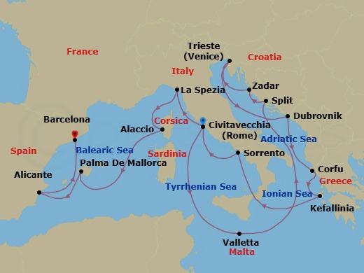 21 Night - Mediterranean, Adriatic and Greece - Queen Elizabeth - Starting in Civitavecchia (tours to Rome), Italy, Valletta, Malta, Split, Croatia, Zadar, Croatia, Trieste, Italy, Dubrovnik, Croatia, Corfu, Greece, Cephalonia, Greece, Messina Strait, Italy (Transit), Sorrento (tours to Capri or Pompeii), Italy, Civitavecchia (tours to Rome), Italy, La Spezia (tours to Florence or Pisa), Italy, Ajaccio, Corsica, France, Palma De Mallorca, Spain, Alicante, Spain, Barcelona, Spain itinerary map