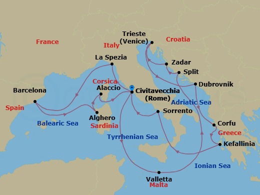 21 Night - Mediterranean, Adriatic and Greece - Queen Elizabeth - Starting in Civitavecchia (tours to Rome), Italy, La Spezia (tours to Florence or Pisa), Italy, Barcelona, Spain, Alghero, Sardinia, Italy, Ajaccio, Corsica, France, Civitavecchia (tours to Rome), Italy, Valletta, Malta, Split, Croatia, Zadar, Croatia, Trieste, Italy, Dubrovnik, Croatia, Corfu, Greece, Cephalonia, Greece, Messina Strait, Italy (Transit), Sorrento (tours to Capri or Pompeii), Italy, Civitavecchia (tours to Rome), Italy itinerary map
