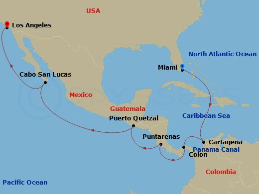 15 Night - Repo - Panama Canal - Norwegian Joy - Starting in Miami, Fl, Cartagena CO, Colon, Panama, Transit Panama Canal / At Sea, Puerto Caldera / Puntarenas, Costa Rica, Puerto Quetzal, Guatemala, Puerto Vallarta, Mexico, Cabo San Lucas, Mexico, Los Angeles, Ca itinerary map