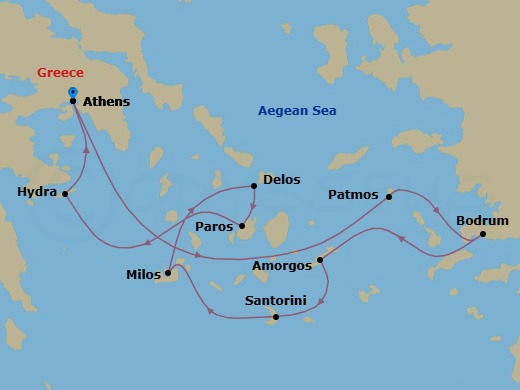 7 Night - At the Heart of the Greek Islands - Le Champlain - Starting in Athens, Patmos, Bodrum, Amorgos, Sailing in the Santorini Caldera, Adamas, Milos, Delos, Paros, Hydra, Athens itinerary map