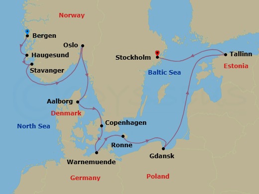 14 Night - Viking Homelands - Viking Libra - Starting in Bergen, Haugesund, Stavanger, Oslo, Alborg, Copenhagen, Berlin (Warnemunde), Bornholm (Ronne), Gdansk, Sail the Baltic Sea, Tallinn, Stockholm itinerary map