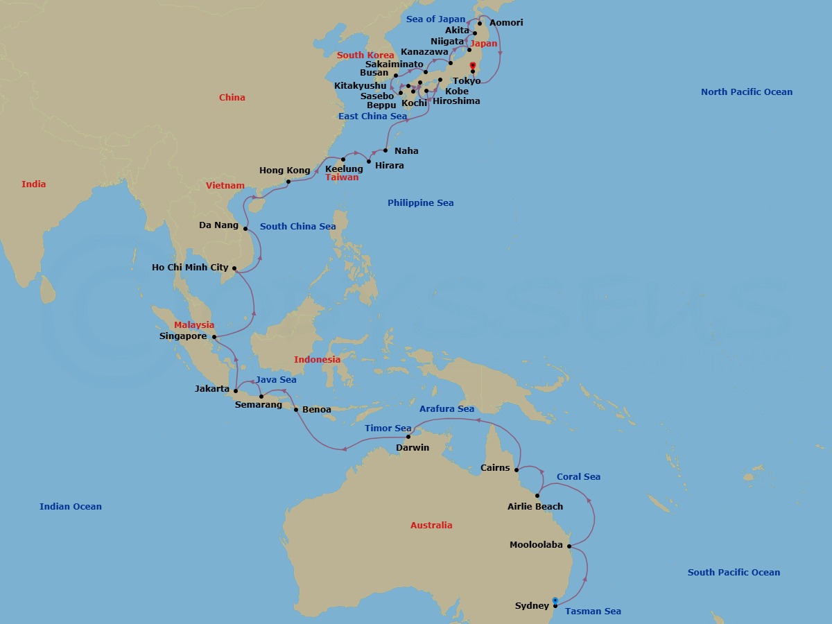 48 Night - Australia to Japan Grand Voyage - Azamara Pursuit - Starting in Sydney AU, Mooloolaba, Queensland, Airlie Beach, Queensland, Cairns, Darwin, Benoa, Bali, Semarang, Jakarta, Singapore, Ho Chi Minh City, Hue (Da Nang), Hong Kong, Taipei (Keelung), Hirara, Miyako Island, Naha, Okinawa, Kochi, Kobe, Hiroshima, Beppu, Kitakyushu, Sasebo, Busan, Sakaiminato, Kanazawa, Niigata, Akita, Aomori, Tokyo itinerary map