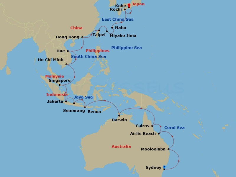 34 Night - Australia & Asia Combination Cruise : Sydney, Bali & Hong Kong - Azamara Pursuit - Starting in Sydney AU, Mooloolaba, Queensland, Airlie Beach, Queensland, Cairns, Darwin, Benoa, Bali, Semarang, Jakarta, Singapore, Ho Chi Minh City, Hue (Da Nang), Hong Kong, Taipei (Keelung), Hirara, Miyako Island, Naha, Okinawa, Kochi, Kobe itinerary map