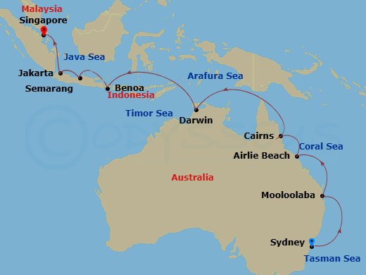 19 Night - Australia & Indonesia Cruise : Cairns, Darwin & Singapore - Azamara Pursuit - Starting in Sydney AU, Mooloolaba, Queensland, Airlie Beach, Queensland, Cairns, Darwin, Benoa, Bali, Semarang, Jakarta, Singapore itinerary map