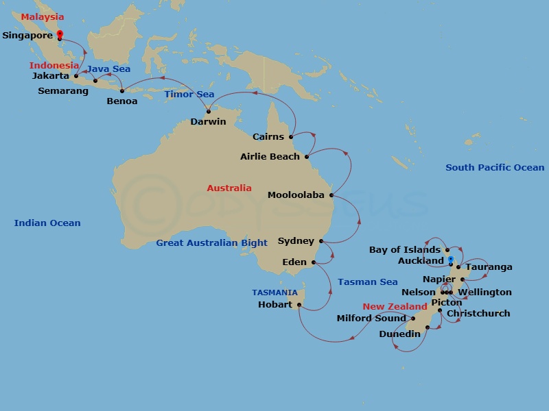 35 Night - New Zealand to Singapore Grand Voyage - Azamara Pursuit - Starting in Auckland, Bay of Islands, Tauranga, Napier, Wellington, Nelson, Picton, Christchurch, Dunedin, Milford Sound, Hobart, Tasmania, Eden, Sydney AU, Mooloolaba, Queensland, Airlie Beach, Queensland, Cairns, Darwin, Benoa, Bali, Semarang, Jakarta, Singapore itinerary map