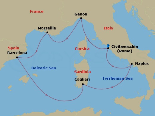7 Night - Western Mediterranean from Civitavecchia - Costa Toscana - Starting in Civitavecchia / Rome, Genoa / Portofino, Calanques national park bay, Marseilles, France, Barcelona, Spain, Balearic sea darkest spot, Cagliari, Italy, Naples, Italy, Civitavecchia / Rome itinerary map