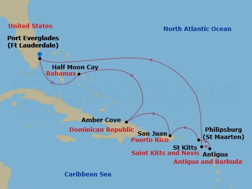 10 Night - Eastern Caribbean with St. Kitts - Enchanted Princess - Starting in Fort Lauderdale, Florida, Relaxaway, Half Moon Cay, Amber Cove, Dominican Republic, San Juan, Puerto Rico, St Maarten, Antigua, St Kitts, Fort Lauderdale, Florida itinerary map
