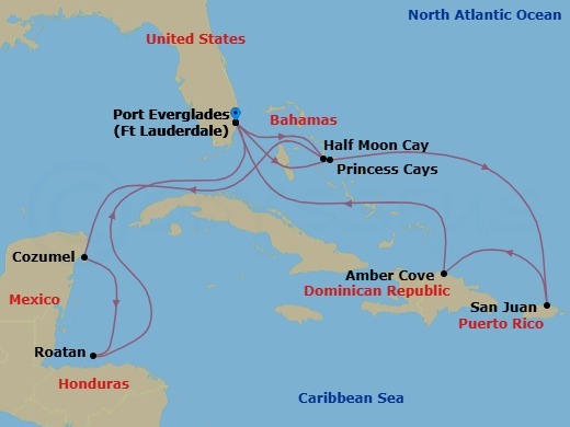 14 Night - Eastern / Western Caribbean Adventurer with Celebration Key - Sun Princess - Starting in Fort Lauderdale, Florida, Relaxaway, Half Moon Cay, San Juan, Puerto Rico, Amber Cove, Dominican Republic, Fort Lauderdale, Florida, Celebration Key, Bahamas, Cozumel, Mexico, Roatan (Isla Tropicale), Honduras, Fort Lauderdale, Florida itinerary map