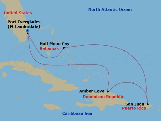 7 Night - Eastern Caribbean with Half Moon Cay - Sun Princess - Starting in Fort Lauderdale, Florida, Relaxaway, Half Moon Cay, San Juan, Puerto Rico, Amber Cove, Dominican Republic, Fort Lauderdale, Florida itinerary map