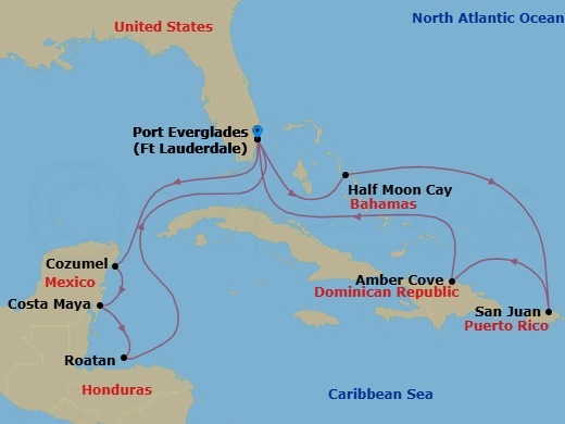 14 Night - Eastern / Western Caribbean Adventurer - Sun Princess - Starting in Fort Lauderdale, Florida, Cozumel, Mexico, Costa Maya (Mahahual), Mexico, Roatan (Isla Tropicale), Honduras, Fort Lauderdale, Florida, Relaxaway, Half Moon Cay, San Juan, Puerto Rico, Amber Cove, Dominican Republic, Fort Lauderdale, Florida itinerary map