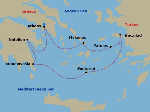7 Night - Treasures of the Greek Isles - Wind Spirit - Starting in Piraeus, Athens, Mykonos, Patmos, Kusadasi, Santorini, Monemvasia, Nafplio, Piraeus, Athens itinerary map