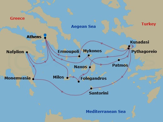 14 Night - Star Collector : Greek Classics & Hidden Gems Unveiled - Wind Spirit - Starting in Piraeus, Athens, Milos, Folegandros, Naxos, Pythagoreio, Samos, Kusadasi, Ermoupolis, Syros, Piraeus, Athens, Mykonos, Patmos, Kusadasi, Santorini, Monemvasia, Nafplio, Piraeus, Athens itinerary map
