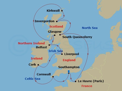 12 Night - British Isles with France & Belfast - Majestic Princess - Starting in Southampton (for London), England, Cornwall (Falmouth), England, Cork, Ireland (Cobh / for Blarney Castle), Liverpool, England, Belfast, Northern Ireland, Glasgow (Greenock), Scotland, Orkney Islands (Kirkwall), Scotland, Invergordon, Scotland, Edinburgh (South Queensferry), Scotland, Le Havre (for Paris / Normandy), France, Southampton (for London), England itinerary map