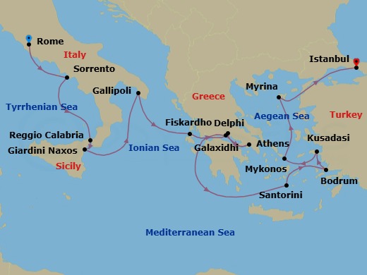 15 Night - Star Collector : Wonders of Southern Italy, Greece & Turkiye via the Corinth Canal - Star Legend - Starting in Civitavecchia, Rome, Sorrento, Reggio di Calabria, Giardini Naxos, Taormina, Gallipoli, Fiskardo, Cephalonia, Galaxidi, Delphi, Cruising the Corinth Canal, Piraeus, Athens, Cruising the Corinth Canal, Itea, Delphi, Santorini, Bodrum, Kusadasi, Mykonos, Myrina / Lemnos, Istanbul itinerary map