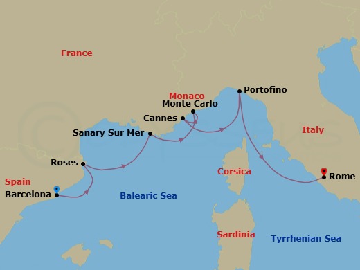 6 Night - Yachtsman's Harbors of the Rivieras - Star Legend - Starting in Barcelona, Roses, Sanary-sur-mer, Monte Carlo, Cannes, Portofino, Civitavecchia, Rome itinerary map