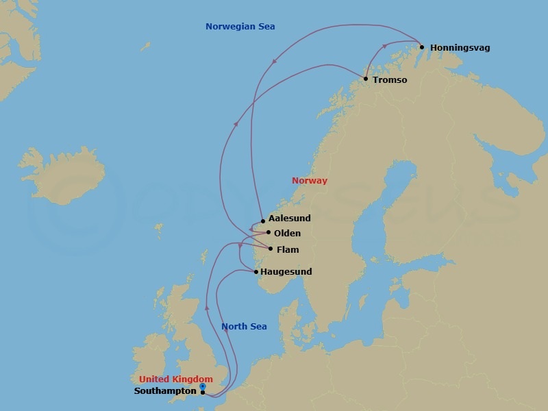 12 Night - Norwegian Fjords, Arctic Circle - Celebrity Beyond - Starting in Southampton, England, Flam, Norway, Arctic Circle (Cruise), Tromso, Norway, Honningsvag, Norway, Arctic Circle (Cruise), Alesund, Norway, Olden, Norway, Haugesund, Norway, Southampton, England itinerary map