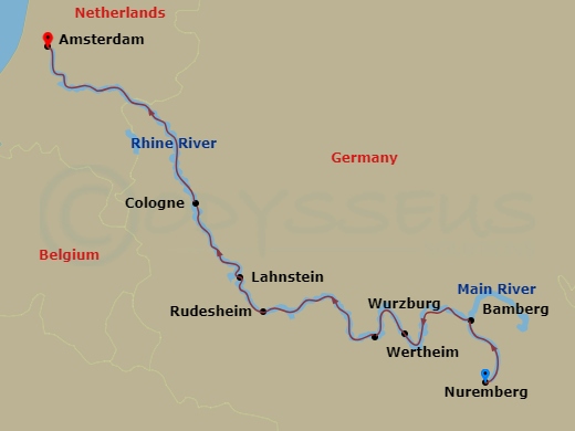 7 Night - Treasures of the Main & Rhine - AmaSofia - Starting in Nuremberg, Bamberg, Wurzburg, Wertheim, Rudesheim, Rhine Gorge, Lahnstein, Cologne, Amsterdam itinerary map