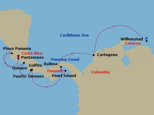 15 Night - Caribbean from Willemstad to Puntarenas - Sea Cloud Spirit - Starting in Willemstad AN, Curacao, Cartagena CO, Colombia, Transit Panama Canal, Balboa (Panama City), Pearl Islands, Golfito, Puerto Jimenez, Quepos, Playa Panama, Puntarenas itinerary map
