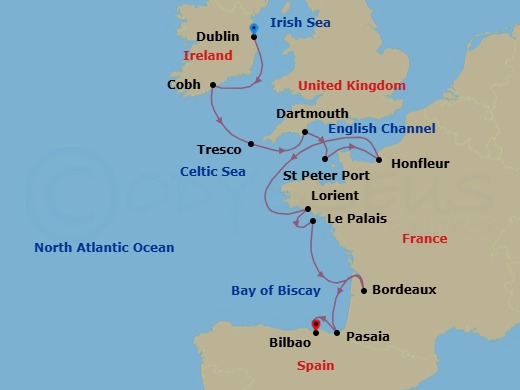 14 Night - Europe from Dublin to Bilbao - Sea Cloud Spirit - Starting in Dublin, Cobh, Tresco / Scilly Isles, Dartmouth, England, St Peter Port / Guernsey / Channel Islands, Honfleur, Lorient, Le Palais / Belle-Ile-en-Mer, Bordeaux (Pauillac), Pasajes (San Sebastian), Bilbao itinerary map