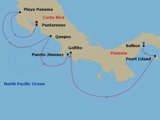 8 Night - Caribbean from Balboa to Puntarenas - Sea Cloud Spirit - Starting in Balboa (Panama City), Pearl Islands, Golfito, Puerto Jimenez, Quepos, Playa Panama, Puntarenas itinerary map