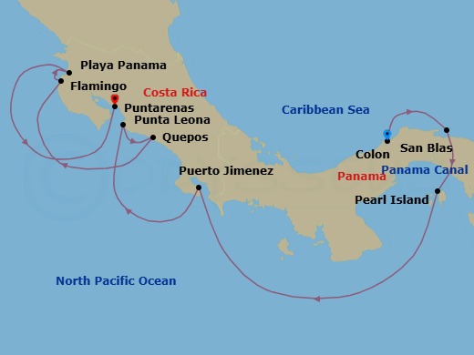12 Night - Cruise from Colon to Puntarenas - Sea Cloud Spirit - Starting in Colon, San Blas Islands, Transit Panama Canal, Pearl Islands, Puerto Jimenez, Playa Mantas / Punta Leona, Quepos, Marina Flamingo / Playa Flamingo, Playa Panama, Puntarenas itinerary map