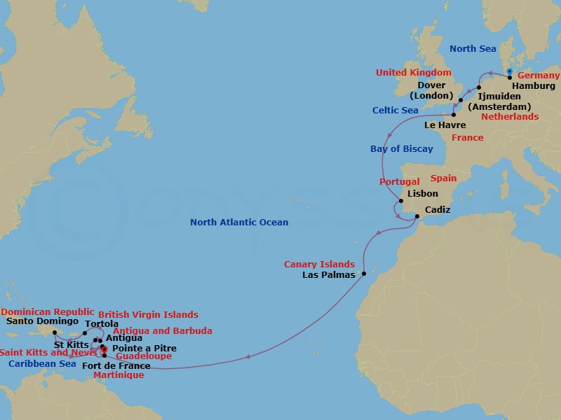25 Night - Cruise from Hamburg to Fort de France - Costa Favolosa - Starting in Hamburg, Germany, Amsterdam / Ijmuiden, Netherlands, Dover UK, England, Le Havre, France, Lisbon, Portugal, Cadiz, Spain, Las Palmas, Canary Islands, Martinique (Antilles), Guadeloupe (Antilles), St Kitts (Antilles), Antigua (Antilles), Antigua Bay, Road Harbour / Tortola, Santo Domingo, Dominican Republic, Guadeloupe (Antilles), Martinique (Antilles) itinerary map