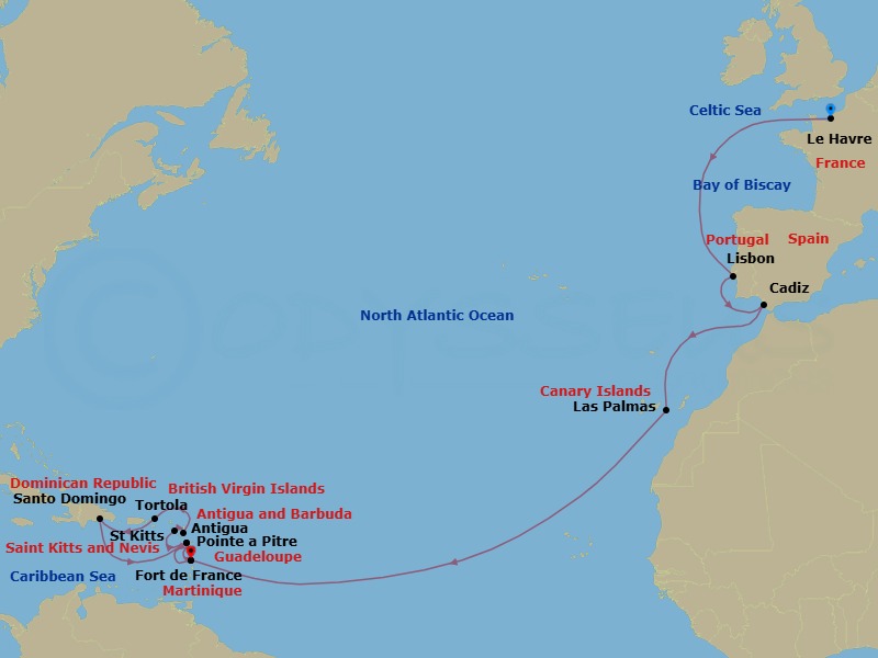 21 Night - Cruise from Le Havre to Fort de France - Costa Favolosa - Starting in Le Havre, France, Lisbon, Portugal, Cadiz, Spain, Las Palmas, Canary Islands, Martinique (Antilles), Guadeloupe (Antilles), St Kitts (Antilles), Antigua (Antilles), Antigua Bay, Road Harbour / Tortola, Santo Domingo, Dominican Republic, Guadeloupe (Antilles), Martinique (Antilles) itinerary map
