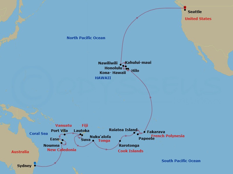 35 Night - Legendary South Pacific Crossing : Tahiti & Honolulu - Westerdam - Starting in Sydney AU, Noumea, New Caledonia, Easo, Lifou, New Caledonia, Port Vila, Vanuatu, Suva, Viti Levu, Fiji, Lautoka, Fiji, Nuku Alofa, Tonga, Cross International Dateline, Rarotonga, Cook Islands, Raiatea, Society Islands, French Polynesia, Bahia d Opunoha, Moorea, French Polynesia, Papeete, French Polynesia, Fakarava, Tuamotu, French Polynesia, Hilo, Hawaii, Kona, Hawaii, Honolulu, Hawaii, Kahului, Maui, Nawiliwili, Kauai, Hawaii, Seattle, Washington itinerary map