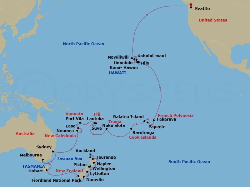 49 Night - Australia, New Zealand & South Pacific Crossing - Westerdam - Starting in Auckland, New Zealand, Tauranga (Rotorua), New Zealand, Napier, New Zealand, Wellington, New Zealand, Picton, New Zealand, Lyttelton (Christchurch), New Zealand, Port Chalmers (Dunedin), New Zealand, Cruising Fiordland Natl Park, Hobart, Tasmania, Australia, Melbourne, Australia, Sydney AU, Noumea, New Caledonia, Easo, Lifou, New Caledonia, Port Vila, Vanuatu, Suva, Viti Levu, Fiji, Lautoka, Fiji, Nuku Alofa, Tonga, Cross International Dateline, Rarotonga, Cook Islands, Raiatea, Society Islands, French Polynesia, Bahia d Opunoha, Moorea, French Polynesia, Papeete, French Polynesia, Fakarava, Tuamotu, French Polynesia, Hilo, Hawaii, Kona, Hawaii, Honolulu, Hawaii, Kahului, Maui, Nawiliwili, Kauai, Hawaii, Seattle, Washington itinerary map