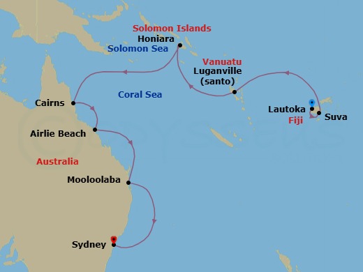 16 Night - South Pacific Byways - Seven Seas Navigator - Starting in Lautoka, Suva, Cruising the South Pacific, Luganville, Cruising the Coral Sea, Honiara, Cruising the Coral Sea, Cairns, Airlie Beach, Cruising the Coral Sea, Mooloolaba, Cruising the Tasman Sea, Sydney AU itinerary map