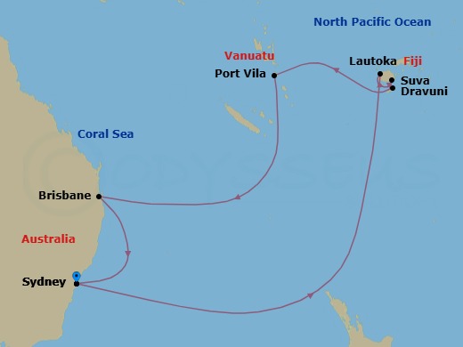 14 Night - Fiji & South Pacific - Grand Princess - Starting in Sydney AU, Lautoka, Fiji, Suva, Fiji, Dravuni Island, Fiji, Port Vila, Vanuatu, Brisbane, Australia, Sydney AU itinerary map