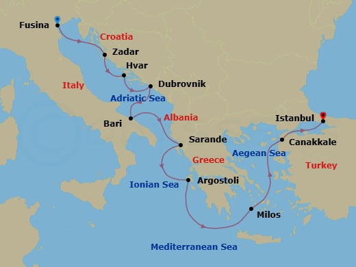 9 Night - Return to Constantinople - Oceania Sirena - Starting in Venice (Fusina), Zadar, Hvar, Dubrovnik, Croatia, Bari, Sarande, Argostoli (Cephalonia), Milos, Canakkale (Troy), Istanbul itinerary map
