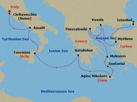 10 Night - Iconic Greek Isles - Oceania Sirena - Starting in Istanbul, Mitilini (Lesbos), Kavala / Philippi, Thessaloniki, Mykonos, Santorini, Agios Nikolaos (Crete), Katakolon, Taormina (Sicily), Amalfi / Positano, Rome (Civitavecchia) itinerary map