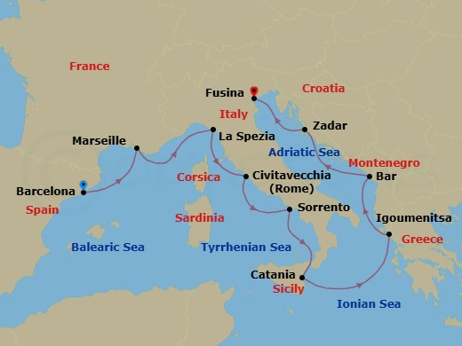9 Night - Romantic Locales & Canals - Oceania Sirena - Starting in Barcelona, Provence (Marseille), Cinque Terre (La Spezia), Rome (Civitavecchia), Sorrento / Capri, Catania (Sicily), Igoumenitsa, Montenegro, Zadar, Venice (Fusina) itinerary map