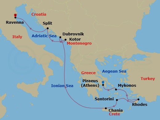 11 Night - Greek Isles & Croatia Cruise - Celebrity Eclipse - Starting in Athens (Piraeus), Greece, Mykonos, Greece, Rhodes, Greece, Santorini, Greece, Chania (Souda), Crete, Greece, Dubrovnik, Croatia, Kotor, Montenegro, Split, Croatia, Ravenna, Italy itinerary map