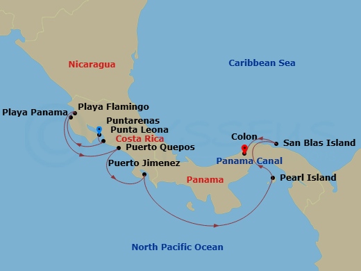12 Night - Cruise from Puntarenas to Colon - Sea Cloud Spirit - Starting in Puntarenas, Playa Mantas / Punta Leona, Marina Flamingo / Playa Flamingo, Playa Panama, Quepos, Puerto Jimenez, Pearl Islands, Transit Panama Canal, San Blas Islands, Colon itinerary map