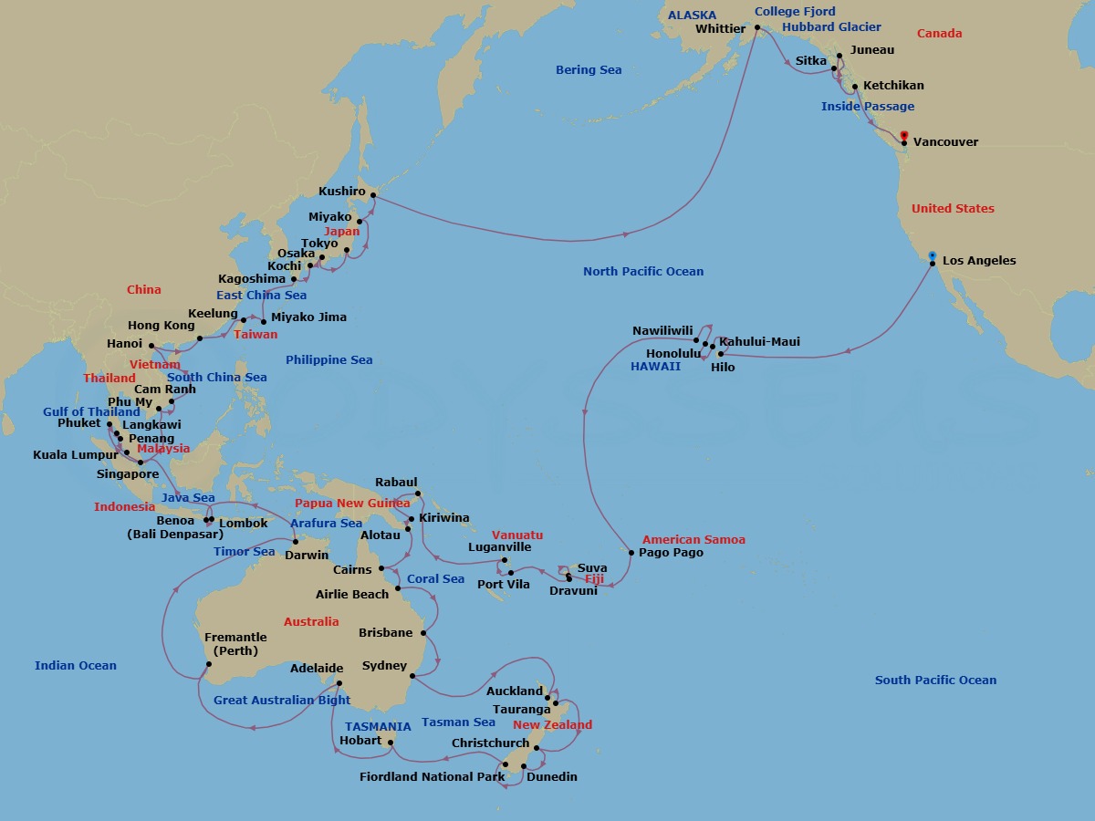 110 Night - World Cruise Grand Circle Pacific - Los Angeles to Vancouver - Coral Princess - Starting in Los Angeles, California, Hilo, Hawaii, Kahului, Hawaii, Honolulu, Hawaii, Kauai (Nawiliwili), Hawaii, Pago Pago, American Samoa, Cross International Date Line, Suva, Fiji, Dravuni Island, Fiji, Port Vila, Vanuatu, Luganville, Vanuatu, Rabaul, Papua New Guinea, Kiriwina Island, Papua New Guinea, Alotau (Milne Bay), Papua New Guinea, Cairns, Australia, Airlie Beach, Australia, Brisbane, Australia, Sydney AU, Auckland, New Zealand, Tauranga, New Zealand, Christchurch (Lyttelton), New Zealand, Dunedin (Port Chalmers), New Zealand, Fiordland National Park (Scenic Cruising), Hobart, Australia, Adelaide, Australia, Perth (Fremantle), Australia, Kimberley Coast (Scenic Cruising), Australia, Darwin, Australia, Bali (Benoa), Indonesia, Lombok, Indonesia, Singapore, Phuket, Thailand, Langkawi, Malaysia, Penang, Malaysia, Kuala Lumpur (Port Kelang), Malaysia, Ho Chi Minh City (Phu My), Vietnam, Cam Ranh (Nha Trang), Vietnam, Halong Bay / Hanoi (Cai Lan), Vietnam, Hong Kong, Taipei (Keelung), Miyakojima, Japan, Kagoshima, Japan, Kochi, Japan, Osaka (for Kyoto), Japan, Tokyo, Japan, Miyako, Japan, Kushiro, Japan, Cross International Date Line, Anchorage (Whittier), Alaska, College Fjord (Scenic Cruising), Alaska, Hubbard Glacier (Scenic Cruising), Alaska, Sitka, Alaska, Juneau, Alaska, Ketchikan, Alaska, Vancouver, Canada itinerary map